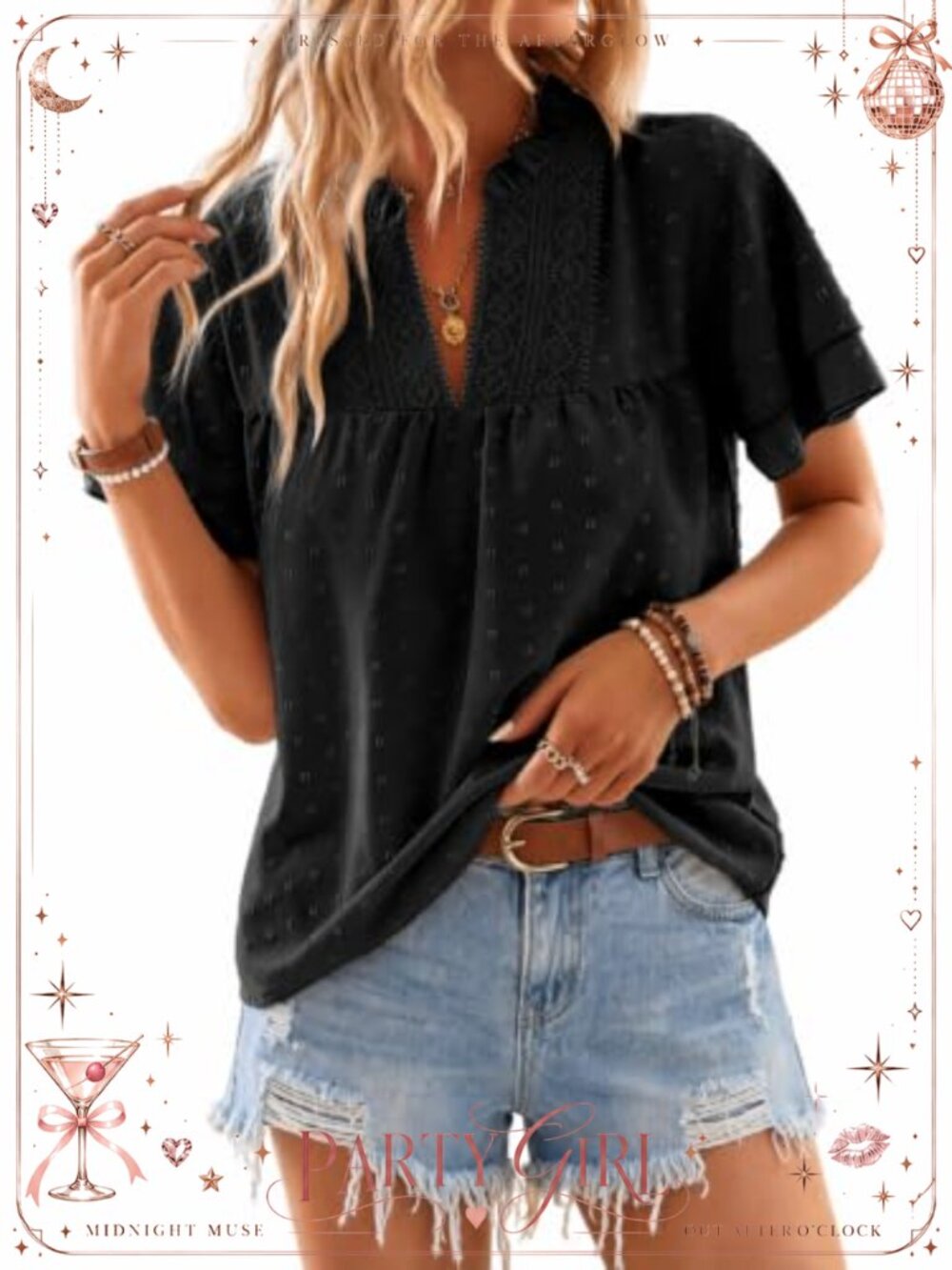 Womens Boho Flowy Blouse V Neck Crochet Lace Short Sleeve Dressy Casual Top